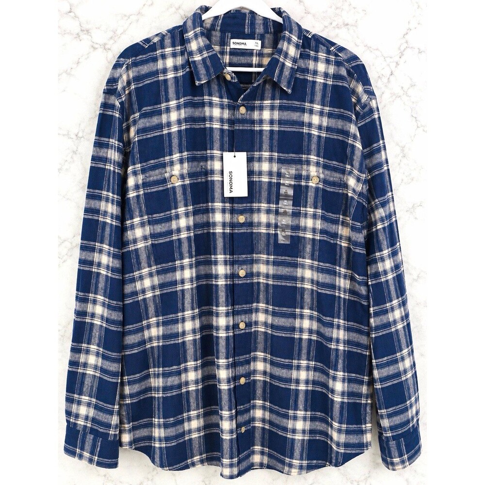 Sonoma Supersoft Flannel Cotton Plaid Shirt Blue/White 3XL Big & Tall